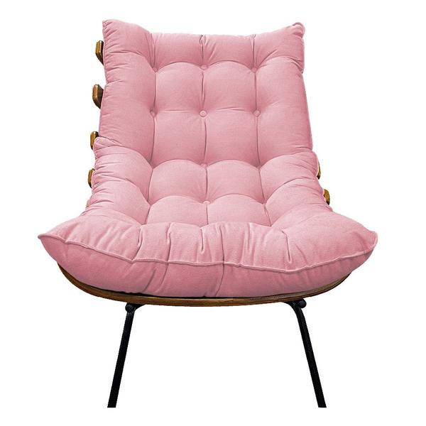 Imagem de Kit 02 Poltronas e Puff Costela Base Fixa Suede Rosa Bebê - Doce Sonho Móveis