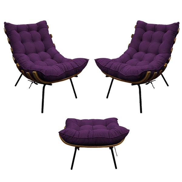 Imagem de Kit 02 Poltronas e Puff Costela Base Fixa Suede Roxo - Doce Sonho Móveis