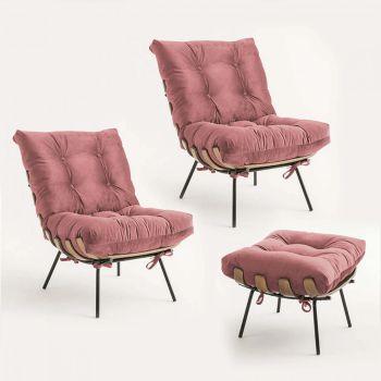 Imagem de Kit 02 Poltronas e Puff Costela Decorativa Sala de Estar Quarto Suede Rose Gold