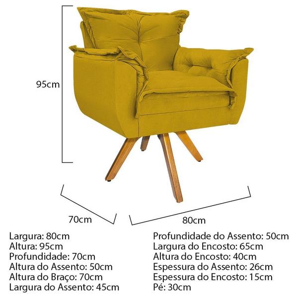 Imagem de Kit 02 Poltronas e Puff Opala Base Giratória de Madeira Suede Amarelo - KDAcanto Móveis