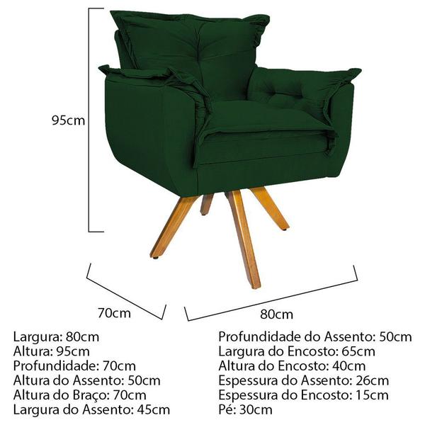 Imagem de Kit 02 Poltronas e Puff Opala Base Giratória de Madeira Suede Verde - DAMAFFÊ MÓVEIS