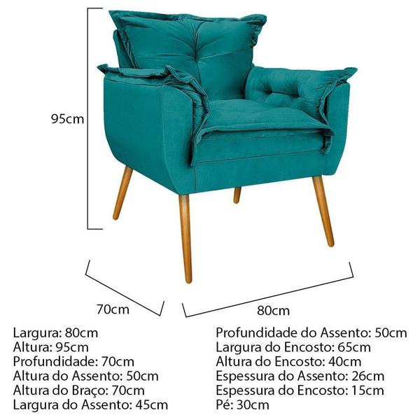 Imagem de Kit 02 Poltronas e Puff Opala Palito Mel Suede Azul Turquesa - KDAcanto Móveis