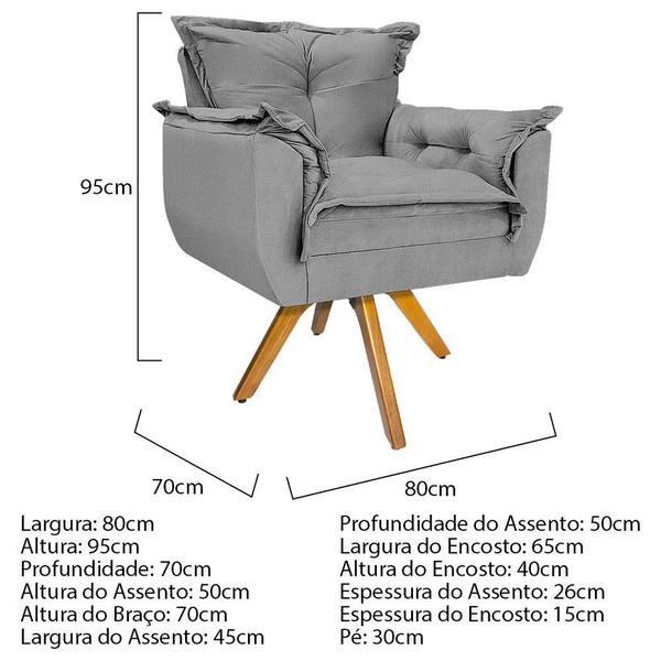 Imagem de Kit 02 Poltronas e Puff Zatti Base Giratória de Madeira Suede Cinza - KDAcanto Móveis