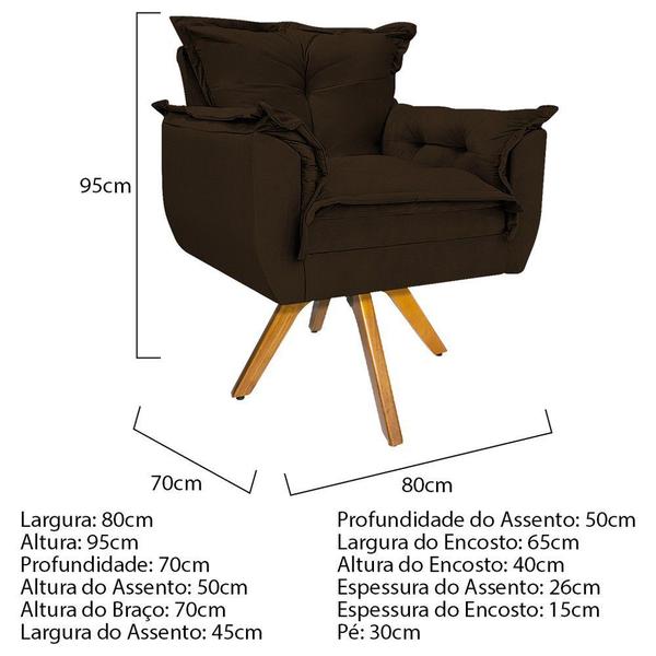 Imagem de Kit 02 Poltronas e Puff Zatti Base Giratória de Madeira Suede Marrom - KDAcanto Móveis