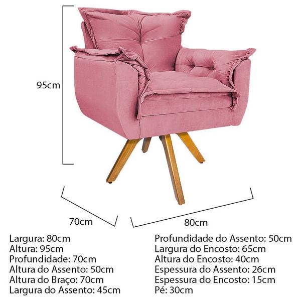 Imagem de Kit 02 Poltronas e Puff Zatti Base Giratória de Madeira Suede Rosa Bebê - KDAcanto Móveis