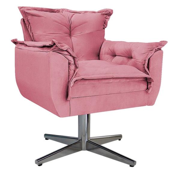 Imagem de Kit 02 Poltronas e Puff Zatti Base Giratória de Metal Suede Rosa Bebê - KDAcanto Móveis