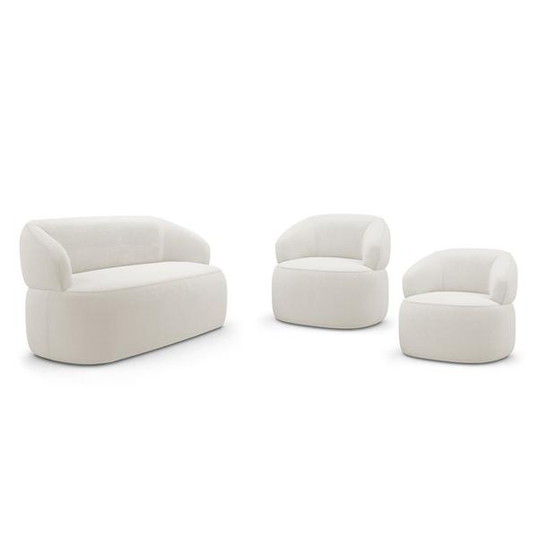 Imagem de Kit 02 Poltronas Giratória e 01 Sofá Orgânico Glee 02 Lugares 140cm Bouclê Off White - Abmaza