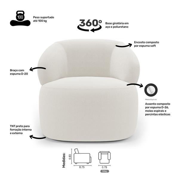 Imagem de Kit 02 Poltronas Giratória e 01 Sofá Orgânico Glee 02 Lugares 140cm Bouclê Off White - Desk Design