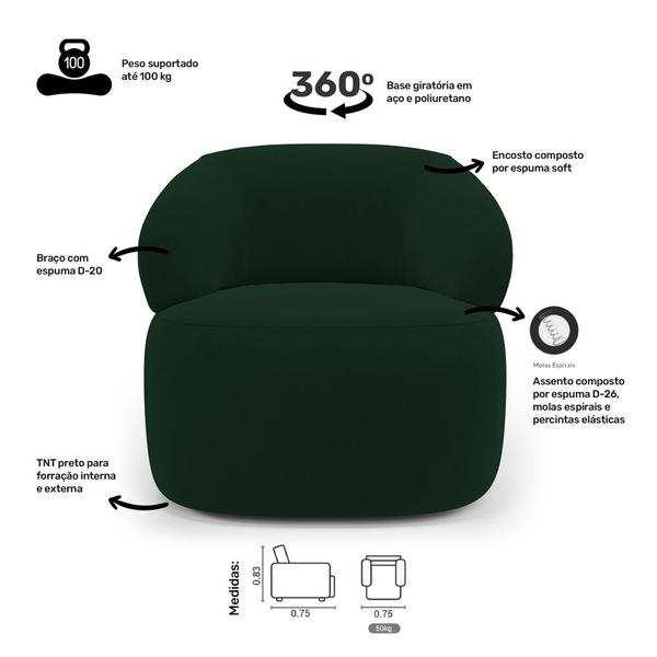 Imagem de Kit 02 Poltronas Giratória e 01 Sofá Orgânico Glee 02 Lugares 140cm Veludo Verde Escuro - Desk Design