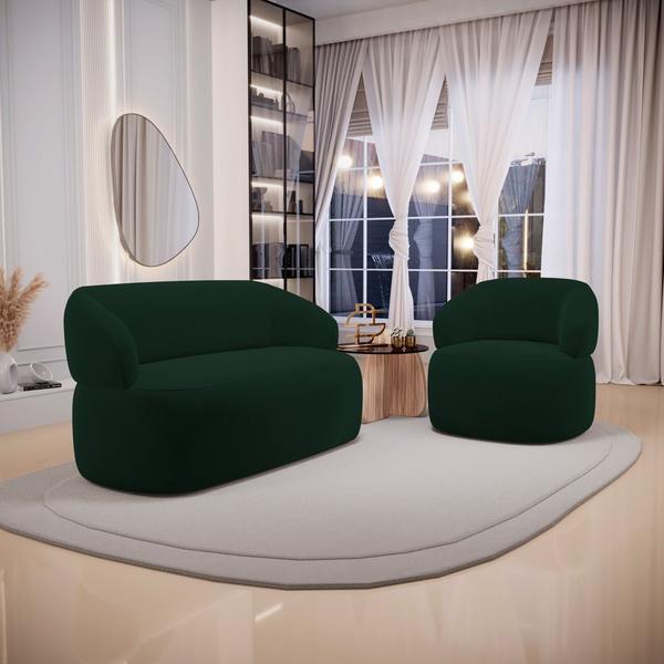 Imagem de Kit 02 Poltronas Giratória e 01 Sofá Orgânico Glee 02 Lugares 140cm Veludo Verde Escuro - Desk Design