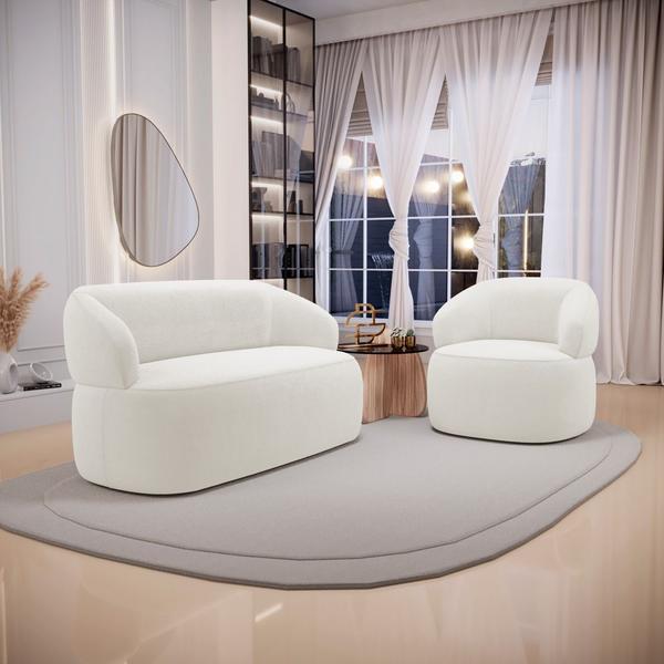 Imagem de Kit 02 Poltronas Giratória e 01 Sofá Orgânico Glee 03 Lugares 170cm Bouclê Off White - Abmaza