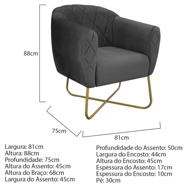 Imagem de Kit 02 Poltronas Grazi Base X Dourada Linho Cinza Escuro - Amarena Móveis