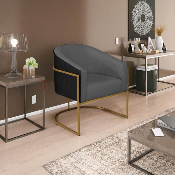 Imagem de Kit 02 Poltronas Luiza Base de Ferro Dourado Factor Preto e Linho Cinza Escuro - Amarena Móveis