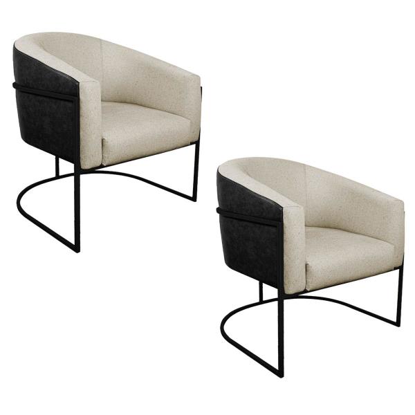 Imagem de Kit 02 Poltronas Luiza Base de Ferro Preto Factor Preto e Linho - ADJ Decor