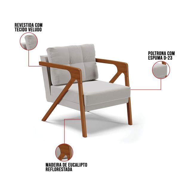 Imagem de Kit 02 Poltronas Melissa Veludo Cinza Base de Madeira Castanho - D'Rossi