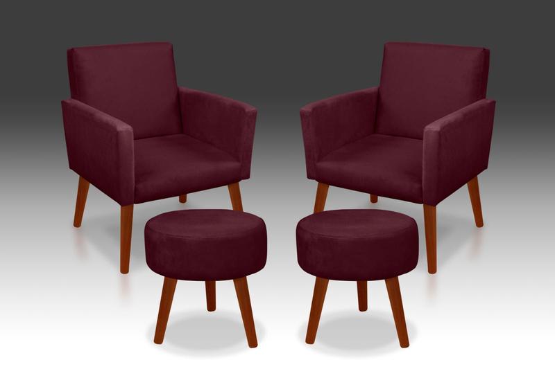 Imagem de Kit 02 Poltronas Nina + 02 Puff Redondo Suede  Bordo- THAINA DECORA