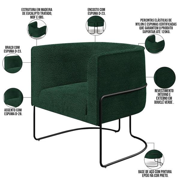 Imagem de Kit 02 Poltronas Para Sala De Estar Fixa Base Aço Preto Betina D02 Bouclê Verde - Lyam Decor