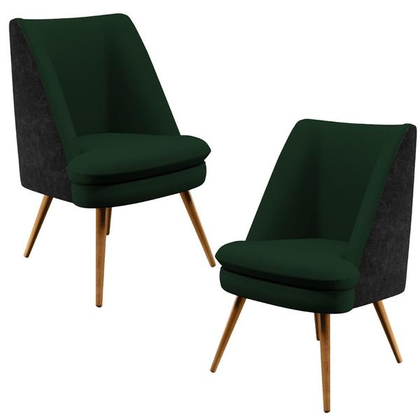 Imagem de Kit 02 Poltronas Pérsia Pés Palito D02 Veludo Verde Musgo C-303 Corano Preto B-97 - Lyam Decor