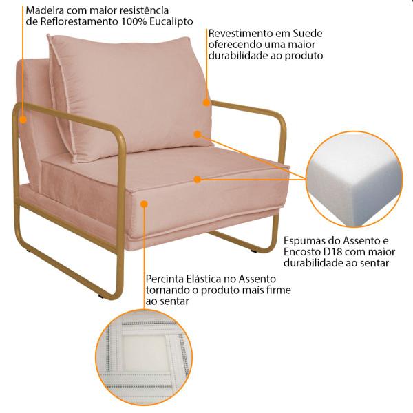 Imagem de Kit 02 Poltronas Sevilha Base de Ferro Dourado Suede - Doce Sonho Móveis