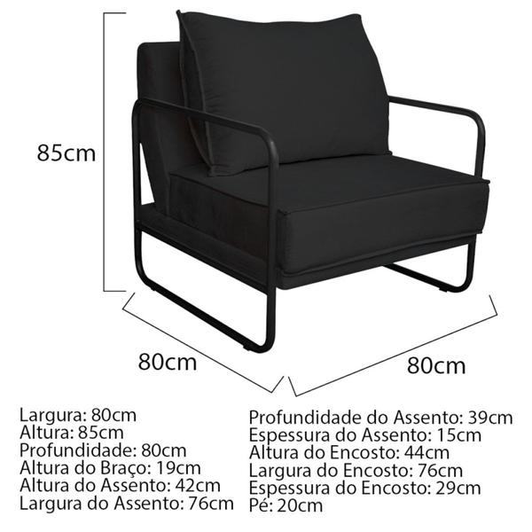 Imagem de Kit 02 Poltronas Sevilha Base de Ferro Preta Suede Preto