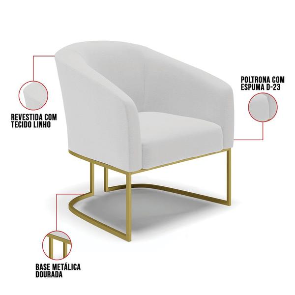 Imagem de Kit 02 Poltronas Stella Linho Base Metálica Industrial Dourado - D'Rossi