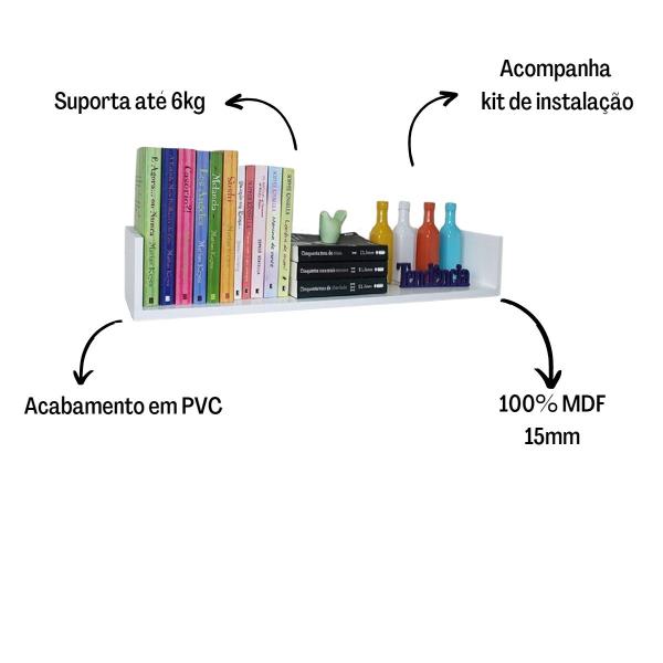 Imagem de Kit 02 Prateleiras MDF 60x20cm Branco Casa Livros Decoração Quarto Banheiro Sala Cozinha Escritório Fotos