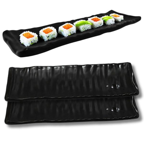 Imagem de Kit 02 Prato Travessa Estriada Kanpai Premium Preto de Melamina 24cm Comida Japonesa Sushi - Bestfer