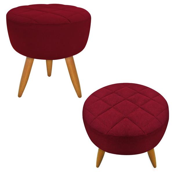 Imagem de Kit 02 Puff Banqueta Maitê Redondo Suede Vermelho Marsala Pés Castanho