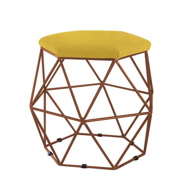 Imagem de Kit 02 Puffs Aramado Bronze Assento Hexagonal Suede Amarelo - DS Estofados