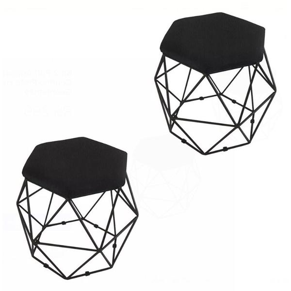 Imagem de Kit 02 Puffs Aramado Preto Assento Hexagonal material sintético Preto - DS Estofados