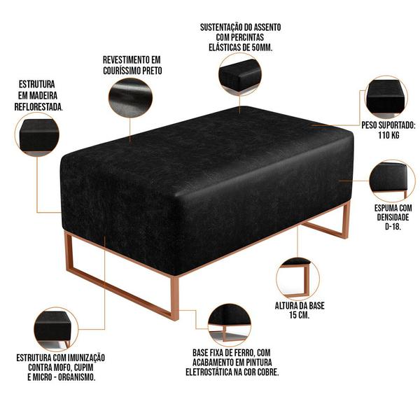 Imagem de Kit 02 Puffs Decorativo Sala De Estar Cléo 90cm W01 Base Ferro Cobre material sintético Preto - Lyam Decor