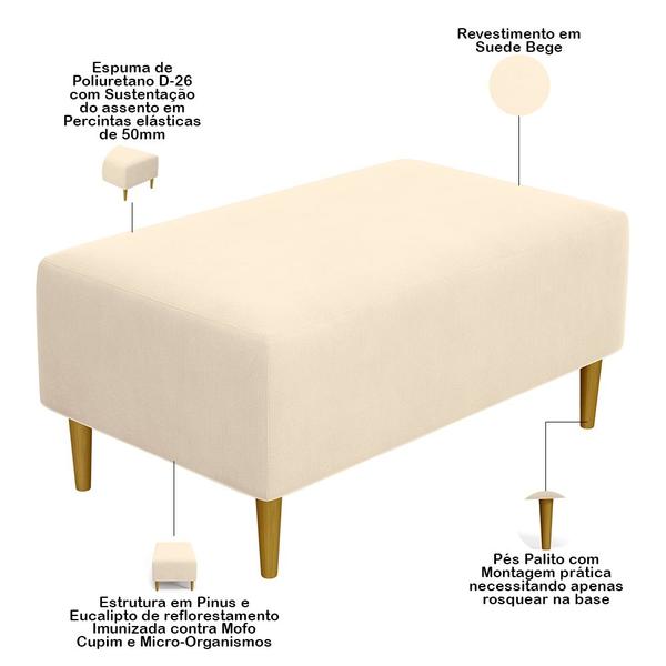 Imagem de Kit 02 Puffs Decorativo Sala de Estar Cléo Pés Palito 90 cm Suede Bege - Lyam Decor