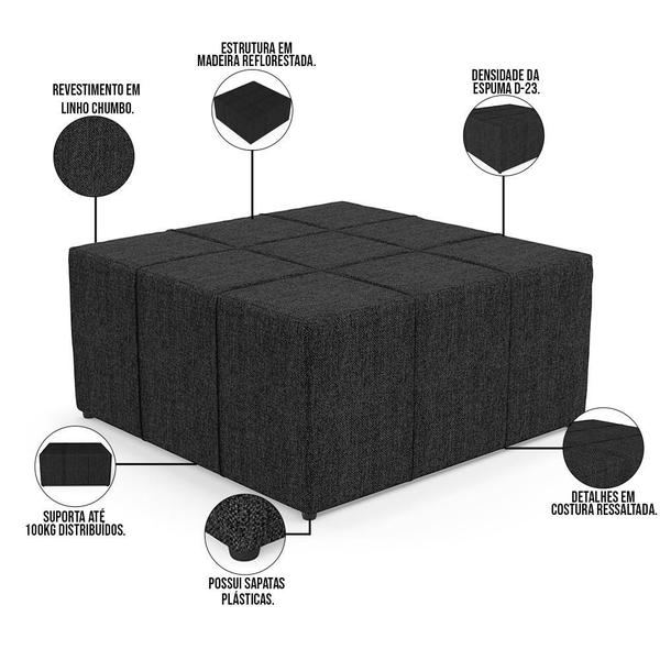 Imagem de Kit 02 Puffs Decorativos Para Sala de Estar Quadrado Milano 90x90cm W01 Linho Chumbo - Lyam Decor