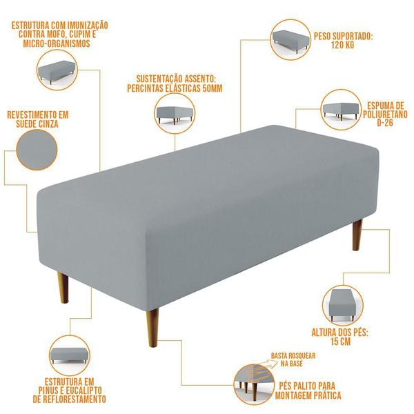 Imagem de Kit 02 Puffs Decorativos Sala de Estar Bali W01 Pés Palito 120x50 cm Suede Cinza - Lyam Decor