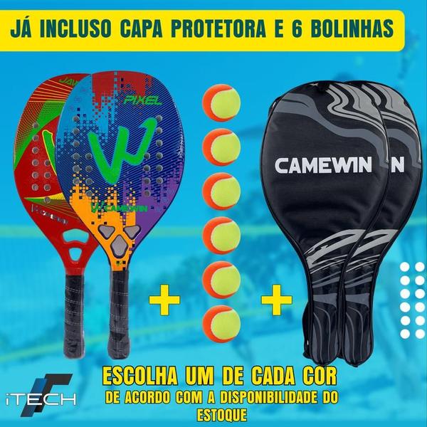 Imagem de Kit 02 Raquetes Beach Tennis Fibra Carbono Tratamento + 6 Bolas