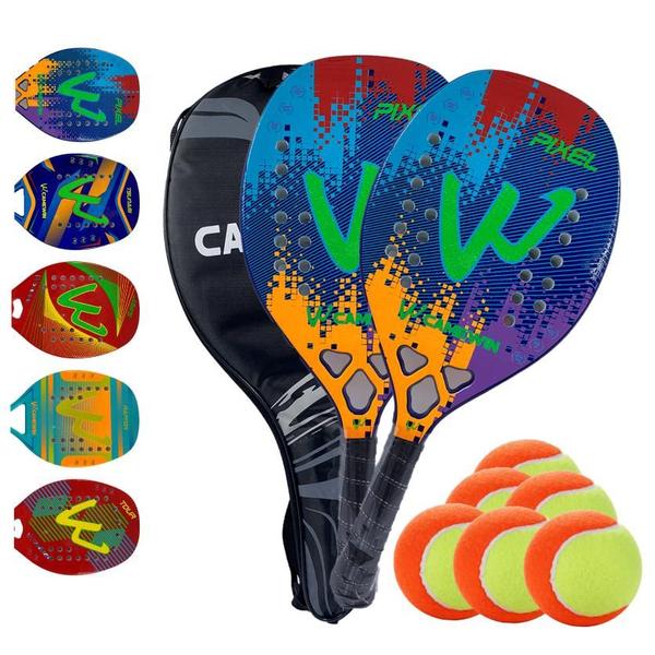 Imagem de Kit 02 Raquetes Beach Tennis Fibra Carbono Tratamento + 6 Bolas