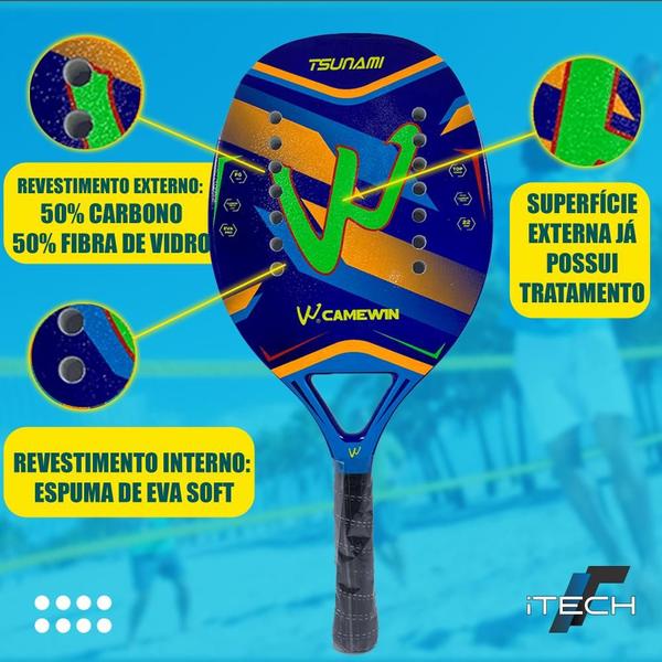 Imagem de Kit 02 Raquetes Beach Tennis Fibra Carbono Tratamento + 6 Bolas