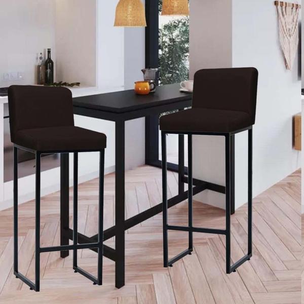 Imagem de Kit 03 Banqueta Alta Com Encosto Lucca -60cm chão até o assento Industrial Ferro Preto Suede Marrom - Ahazzo Móveis