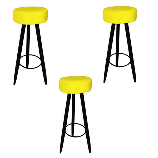Kit 03 Banqueta Alta Flora Pés Palito em Madeira Preto para Bar Bistrô Cozinha Tecido Sintético Amarelo - KDAcanto Móveis Imagem de Kit 03 Banqueta Alta Flora Pés Palito em Madeira Preto para Bar Bistrô Cozinha Tecido Sintético Amarelo - KDAcanto Móveis