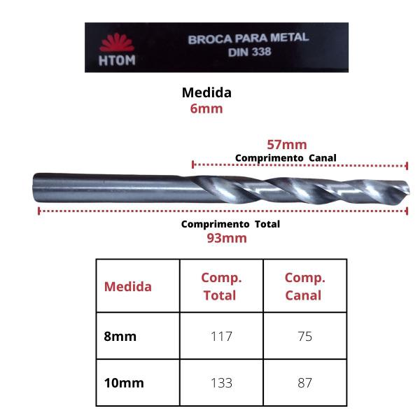 Imagem de Kit 03 Broca Aço Rapido 6mm 8mm 10mm Aço Metal Ferro Latão