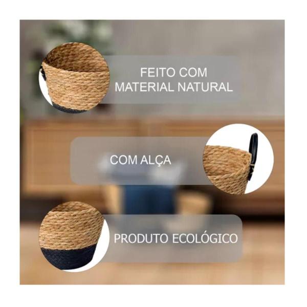 Imagem de Kit 03 Cestos Fibra Natural C/alca 33x28cm Preto Paramount