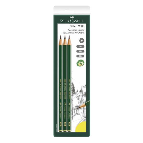 Imagem de Kit 03 Ecolápis Grafite FABER-CASTELL 9000 2B 6B 8B