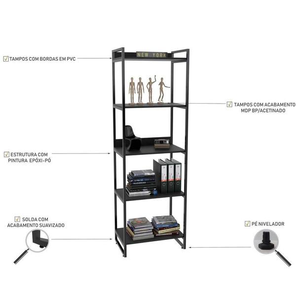 Imagem de Kit 03 Estantes 5 Prateleiras Escritório Estilo Industrial Form C01 187x60cm Preto Onix - Lyam Decor