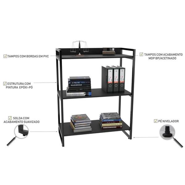 Imagem de Kit 03 Estantes com 3 Prateleiras Escritório Estilo Industrial Form 104x80cm Preto Onix - Lyam Decor