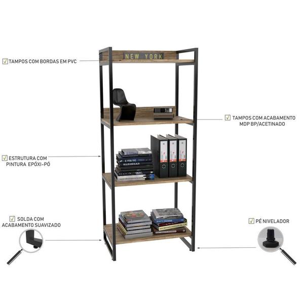 Imagem de Kit 03 Estantes com 4 Prateleiras Escritório Estilo Industrial Form 146x60 cm Carvalho - Lyam Decor