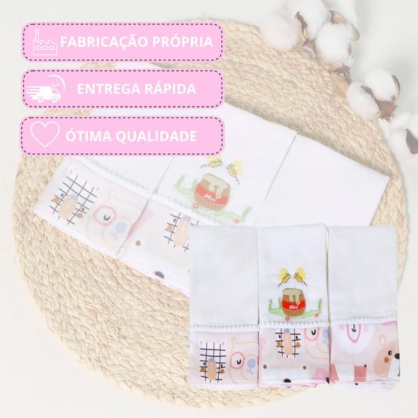 Imagem de Kit 03 Fraldas de Boca Bordada Estampada Para Bebê Menina Menino