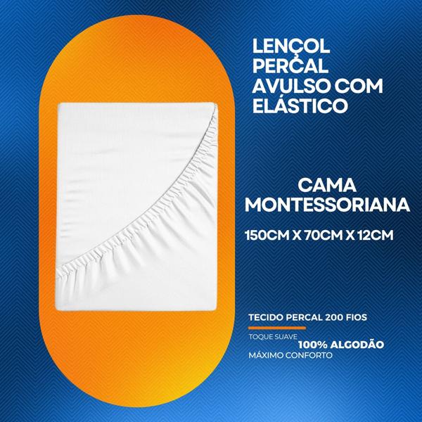 Imagem de Kit 03 Lençol Avulso Com Elástico Berço Cama Montessoriana Percal 200 Fios 100% Algodão