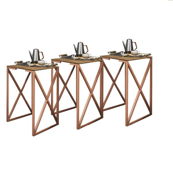 Imagem de Kit 03 Mesa Lateral Canto Aparador Buffet X Zurik X Industrial Ferro Bronze Tampo Caramelo - Ahz Móveis