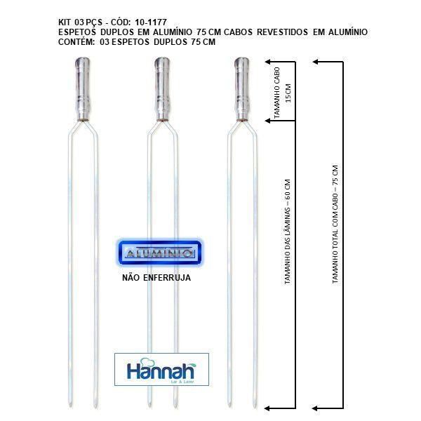 Imagem de Kit 03 Pçs Espeto Churrasco Alumínio Duplo  75 Cm Cabo Madeira Revestido Alumínio