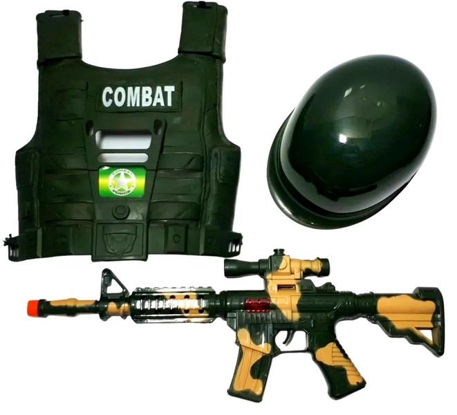 Imagem de Kit 03 Peças Policia Police Arminha Fuzil Capacete e Colete Kombat Force